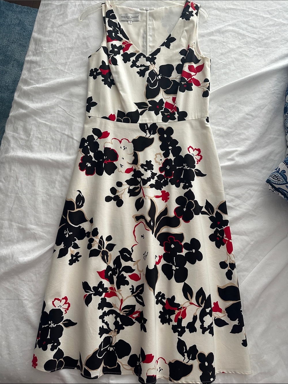 Donna Ricco Ivory Dress with Black & Red Floral Print